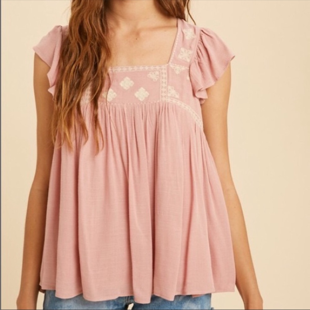 Rose Petals Pink Bohemian Embroidered Flowy Top